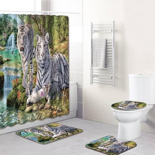 Animal Tiger Pattern Absorbent Cushion Cover Shower Curtain Set Bath Mat Carpet Four-piece Waterproof Shower Curtain
