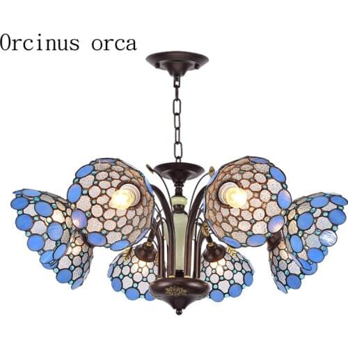 High end Mediterranean blue glass chandelier living room bedroom pastoral village creative personality LED painted chandelier