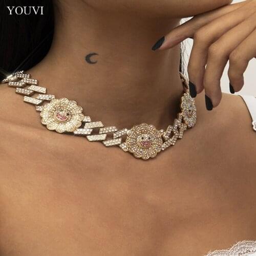 YOUVI Miami Goth Chain Necklace for Women Iced Out Rhinestones CZ Bling Crystal Rapper Flower Necklaces Men Choker Jewelry