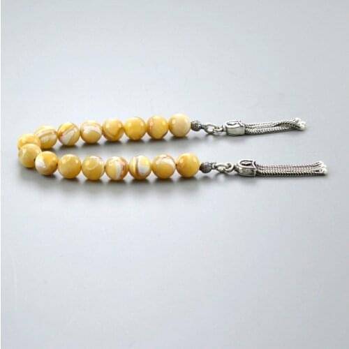 Yellow Mother of Pearl Stress Chain Polshak Mascot Rosary 7 mm. Globe Cut 925 Sterling Silver Embellished