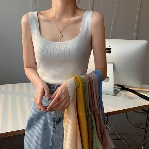 2021 Women Knitted Tank Top Camisole Woman Sexy Summer Basic Elastic Tank Top U-Neck Solid Color Tank Top Pink Vest
