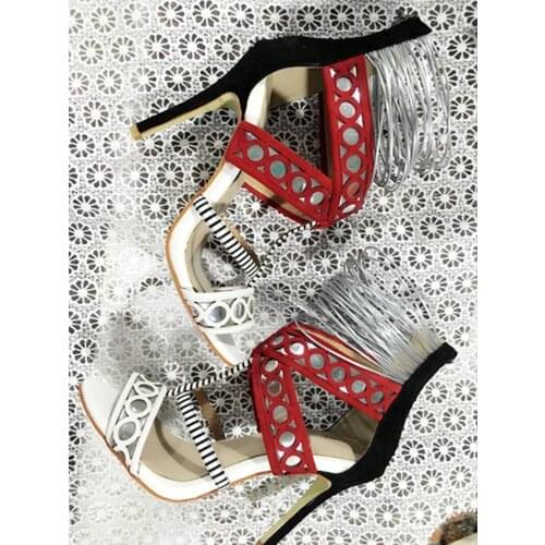 Newest Mixed color Circle Carved out Women Open Toe Sandals Back Straps Ladies Patchwork High Heels Gladiator Party Stiletto