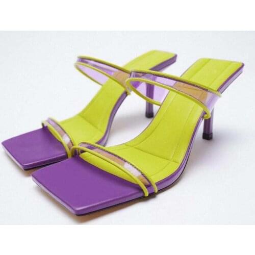 Womens Slippers 2021 Summer New Product One Word with Stitching Decoration Fashionable Square Toe Stiletto Sandals