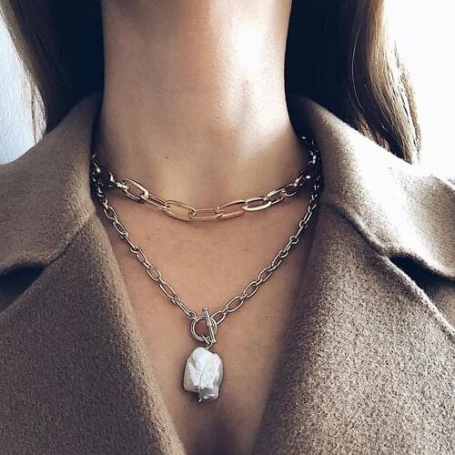 New Design Freshwater Pearl Pendant Necklace 2pcs alloy stainleess steel chain chunky necklace trendy necklaces for Women Party