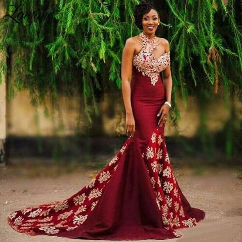 Burgundy African Evening Dress 2021 Custom Made Long Mermaid Dress Women Elegant Evening Party Gown Applique Backless Prom Dress