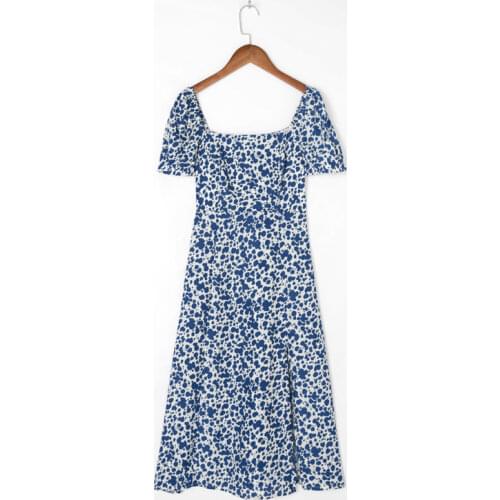 Summer Womens Casual Printed Square Neck Short Sleeve Split Slim Dress