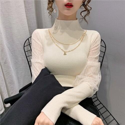 19755 real shot velvet half high collar net lace stitching T-shirt 57