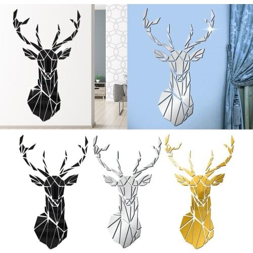 3D Mirror Deer Head Art Removable Wall Sticker Acrylic Decal Arts Decor for Home, Room, Living Room TV Background