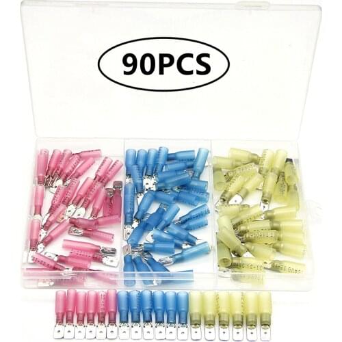 90Pcs Heat Shrink Crimp Terminals Spade Male Terminals Wire Cable Spade Crimp Connectors Spade Butt Marine Automotive Terminal
