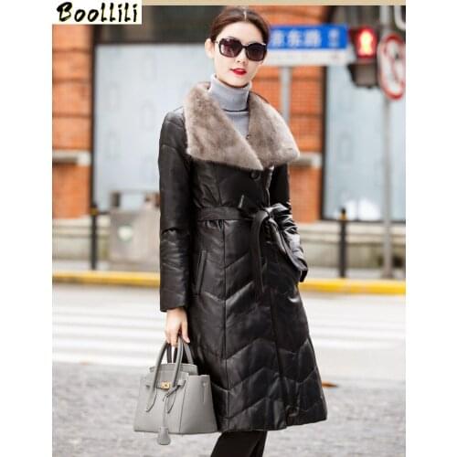Boollili 2020 Genuine Leather Jacket Winter Coat Women Natural Sheepskin Coat Real Fur Collar Long Womens Down Jackets