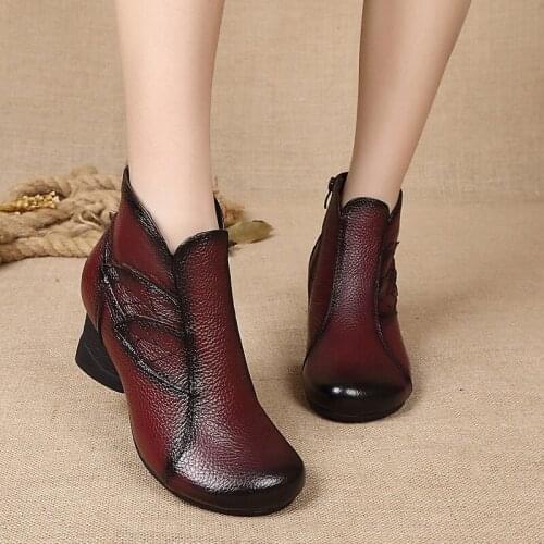 New Cow Leather Ankle Boots Women Thick Heels Shoes Genuine Leather Autumn Winter Boots Handmade Flowers Zipper Retro Boots