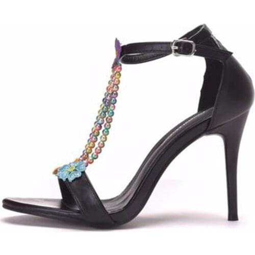 Black sandals with thin heels with peeptoe strap hollow beaded sandals with colorful lace beaded heels
