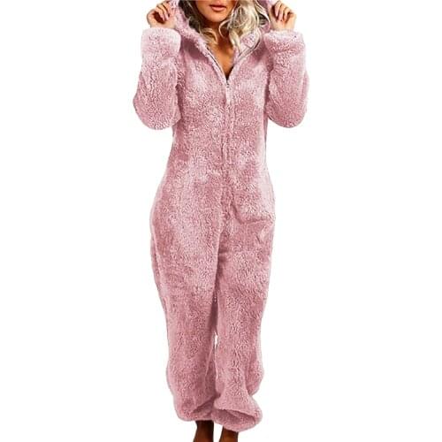 Women Jumpsuit Sleepwear Onesies Solid Faux Fur Zipper Hooded Romper Women Clothing Winter Home Clothes Pajamas Romper for Women