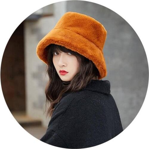 Hot Winter Women Solid Color Flat Top Wide Brim autumn sweet girl Warm Plush Fisherman Hat Bucket Cap
