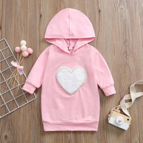 Little Girls Casual Long Sleeve Dress Spring Autumn Fashion Pearl Heart Embroidered Hooded Short Dress
