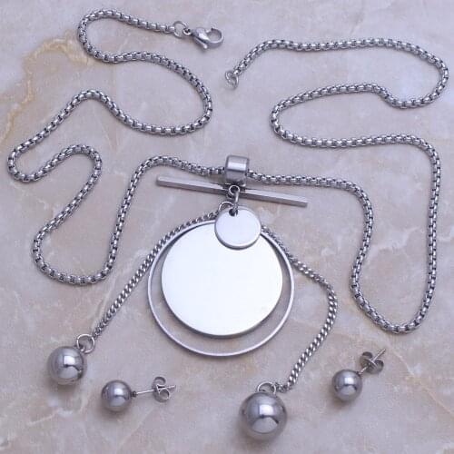 Fashion Jewelry Stainless Steel Round Ball Pendant Long Necklace & Earrings Set For Woman Bijoux En Acier Inoxydable SE115008