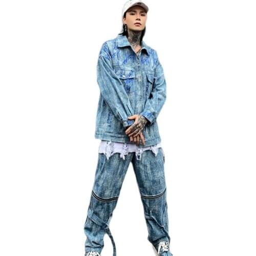 Hip hop Straight jeans pant for men Zippers Blue color 2022 Autumn Spring