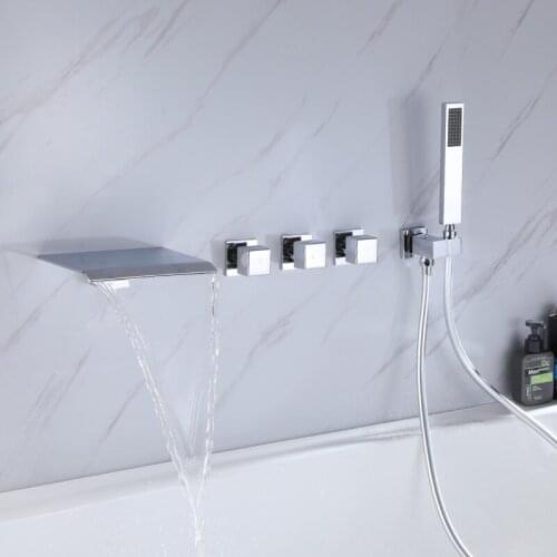 BANGPU Wall Mounted Bathtub Faucet With Handlheld Shower Set 5 Hole Waterfall Tub Faucet Bathroom Faucet Jacuzzi Faucet Chrome