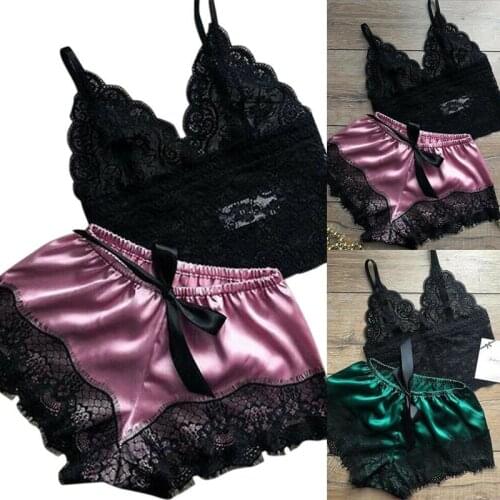 Sexy V-Neck Sleeveless Satin Lace Sleepwear Womens Pajamas Lingerie Nightwear Underwear Sleepwear Home Clothes Tops And Shorts