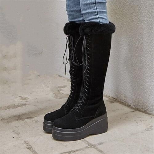 PXELENA Luxury Real Fur Snow Boots Women Knee High Lace Up Cow Suede Wedge Heels Punk Rock Gothic Long Boots Winter Warm Shoes