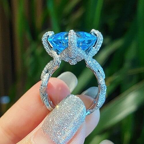 Luxury Blue Crystal Aquamarine Topaz Zircon Diamonds Gemstones Rings for Women White Gold Sivler Color Fine Jewelry Trendy Gifts