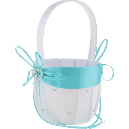 Flower Girls Basket Rhinestone Double Heart Satin Wedding Ceremony Party Decor