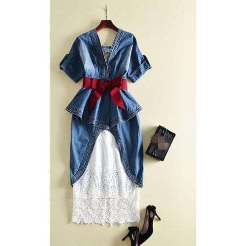 Sexy V-Neck Backless Bow Sashes Short Sleeve Womens Asymmetrical Ruffles Medium Length Denim Dresses White Lace Hollow Out Dress