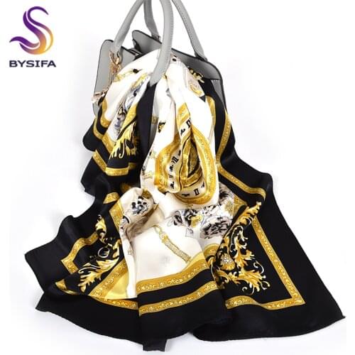 [BYSIFA] Black Gold White Scarves Women Elegant New 100% Silk Scarf Shawl Printed Fall Winter Ladies Brand Scarves Wraps 88*88cm