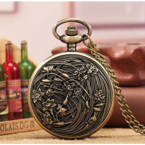 Flower Carving Design Vintage Bronze Quartz Pocket Watch Necklace Accessory Pendant Watch Clock Gifts