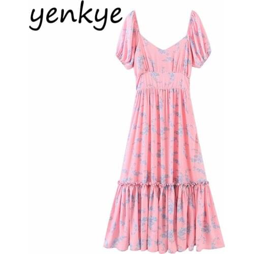 YENKYE Summer Women Floral Plaid Pink Holiday Party Dresses Elegant Ladies Sexy V Neck Short Sleeve A-line Slim Long Dress