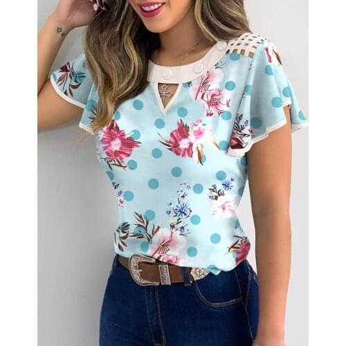 2021 Ladies T-shirt Fashion and Elegant Floral Hollow Stripe Color Matching Perspective Mesh Trembling Sleeve Hollow Casual Top