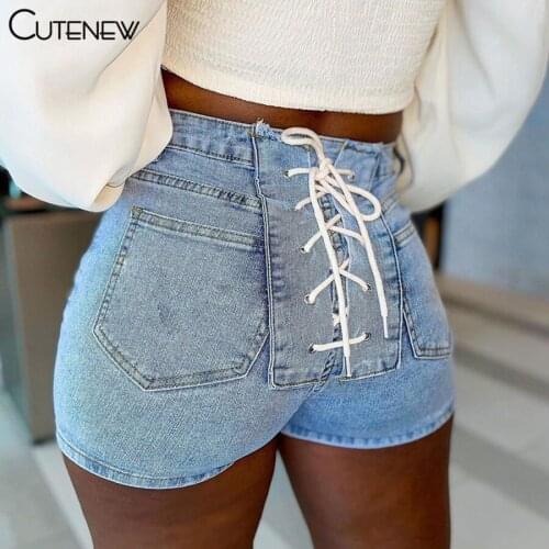 Cutenew Fashion Solid Bandage Zipper Pocket Denim Shorts Women Summer Casual Skinny Stretch Cotton Jeans Shorts Lady Streetwear