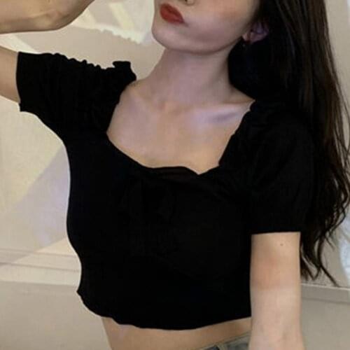 2021 Ladies Summer Bow Tie Puff Sleeve Tee Shirts Matching Knitted T-shirt Tight Square Neck Women Tops Streetwear Clothes