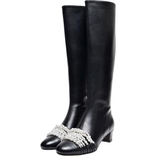 Med Heel Shoes Women Pearl Decor Woman Shoes Black Long Booties Fashion Knee-High Boots Brand Designer Hot Bota Feminina