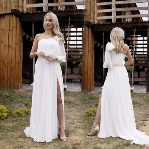 Sexy White One Long Sleeve Wedding Dress A line Chiffon Sexy Front Split Bridal Gowns Beach Simple Custom Made