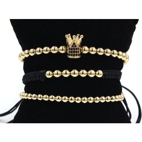 4mm 3PCS/Lot jj4 gold silver Copper cz zircon cubic zirconia elastic ball bead crown Punk Macrame Charm Bracelet Bangles