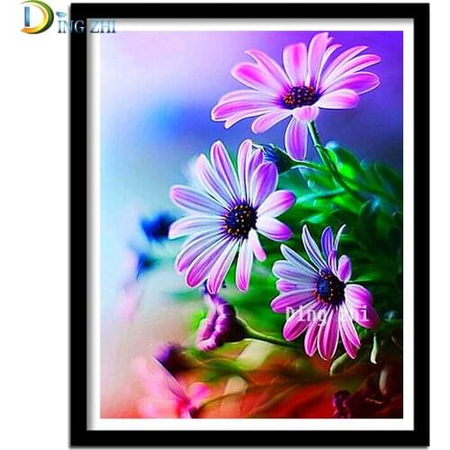 5D Diy Full Round Purple Gerbera Flowers Diamond Painting Cross Stitch Kits Diamond Embroidery Mosaic Pattern Home Decor Gift