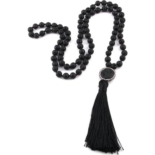 Free Shipping Bohemian Tribal Jewelry Fashion Black Lava /White Stones Knotted Long Tassel Necklace