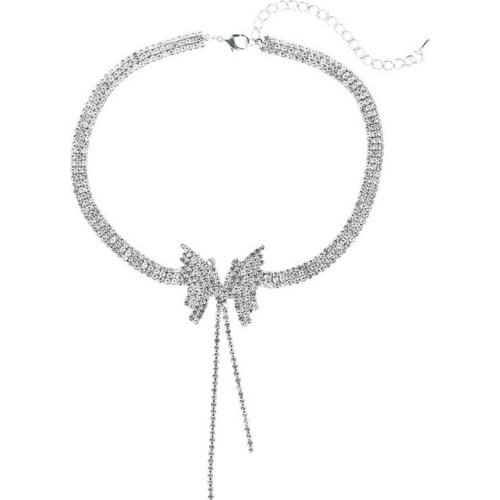 Silver Color Tennis Chain Paved Rhinestone Butterfly Choke Necklace 2021 Luxury Women Wedding Bridal Necklace Bridesmaid Jewelry