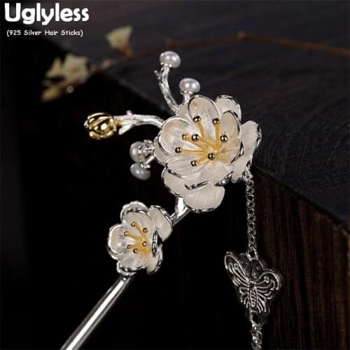 Uglyless Handmade Flowers Hair Sticks for Women Real 925 Silver Butterfly Leaves Tassels Hair Forks Ethnic Floral Hair Jewelry