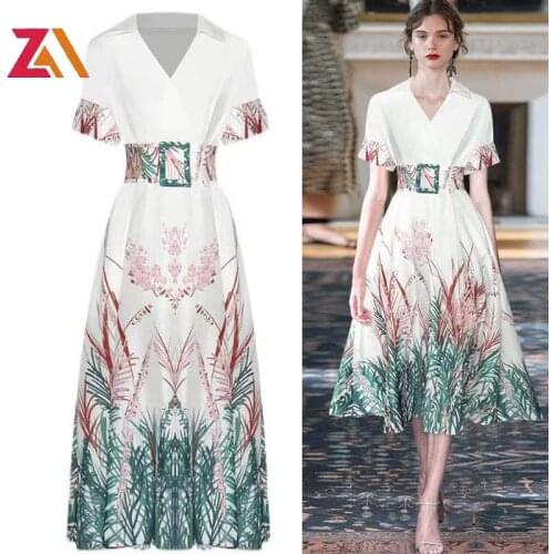 ZALady Designer Runway Summer Zevity Basic Maxi Dresses Light Vintage Printed V-neck Elegant Dress Vestidos Festival Clothing
