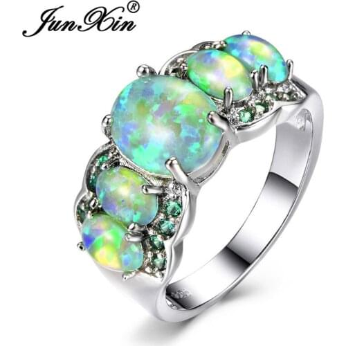 JUNXIN White Gold Filled Luxury Big Oval Stone Green Blue Fire Opal Rings For Women Crystal Rainbow Birthstone Joint Ring Gift