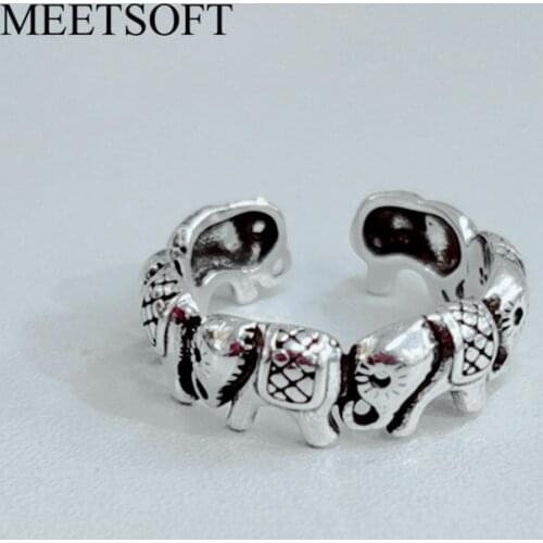 MEETSOFT Thai Silver Ring With 925 Stamp For Women Simple Adjustable Retro Elephant Small Metal Elephant Group Jewelry Gift