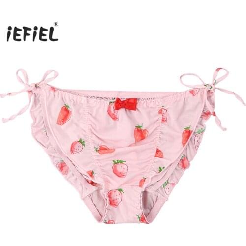 Cute Women Nylon Sex Lingerie Thong Underwear Japanese style bikini Briefs Panties low rise Side Tie Strawberry Print underpants