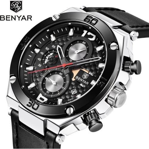 BENYAR Fashion Black Silver Men Quartz Watch Waterproof Genuine Leather Man Wrist Watch Luminous Chronograph Sport Date Clock