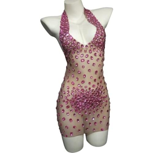 New Shining Pink Rhinestone Transparent Short Dress Women Sexy Backless Halter Prom Evening Celebrate Outfit Birthday Dress