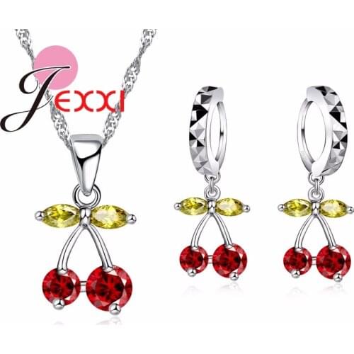 New Latest Cherry shape Jewelry Set For Women Shiny Cubic Zieconia Leaves fruits Pendant Necklace Earrings Silver Girl