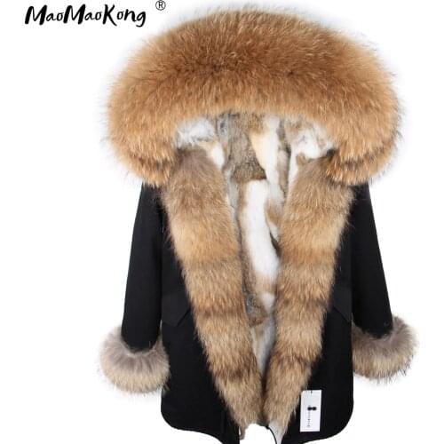 Fashion Women Parkas Rabbit Fur Lining Hooded Long Coat Outwear Army Green Large Raccoon Fur Collar Winter Warm Jacket DHL