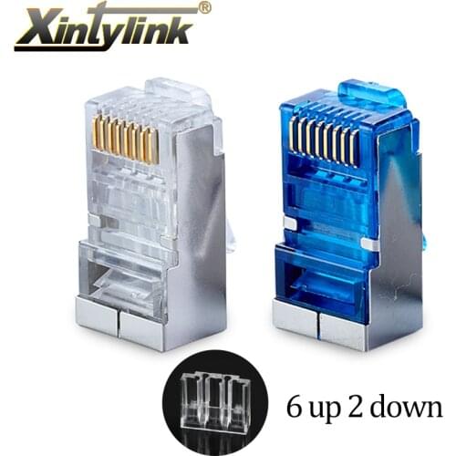 Xintylink rj45 connector cat6 ethernet cable plug 8P8C rg45 shielded blue stp rg rj 45 jack conector network cat 6 modular 50pcs