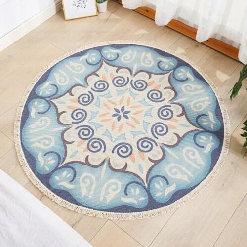 Retro Natural Cotton Linen Round Non-slip Home Computer Chair Cushion Thin Carpet For Bedroom Bedside Tassel Floor Mat Decor